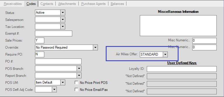 Main Menu > Point of Sale (or Receivables) > Database > Account, Codes