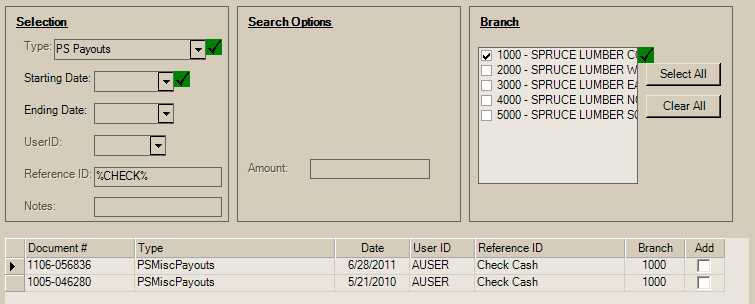 Document Selection for Check Cashing Payouts