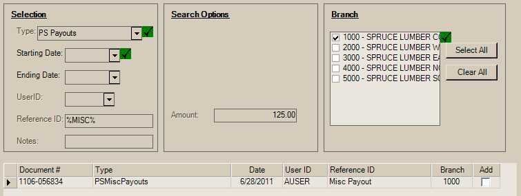 Document Selection for Petty Cash Payouts