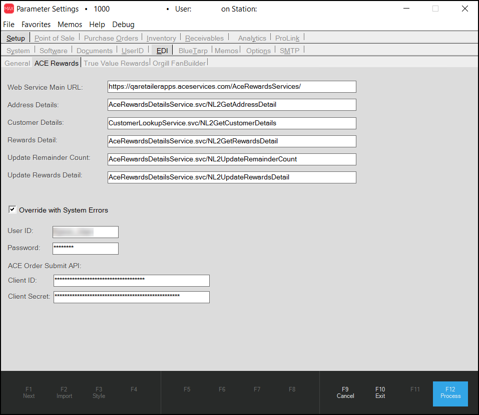 Main Menu > Maintenance > Database > Parameters, Setup, EDI, ACE Rewards