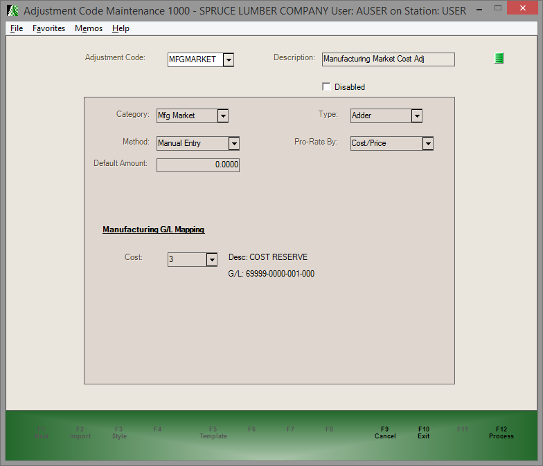 Adjustment Code: Mfg Market Type