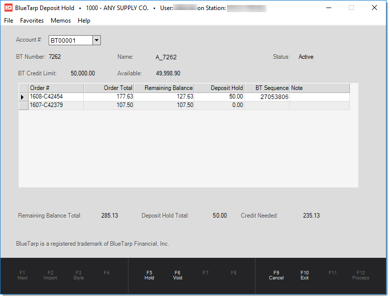 Main Menu > Point of Sale > Utilities > Capital One Trade Credit (formerly BlueTarp) Deposit