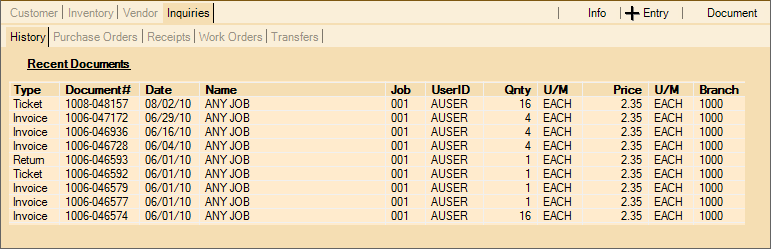Point of Sale Folders: Inquiries, History Tab
