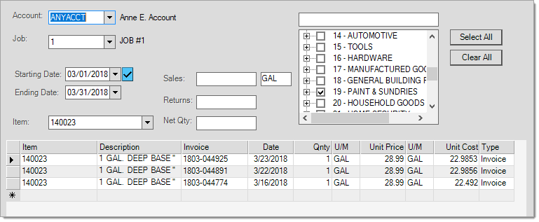 Inquiry > Items Sold History by Account