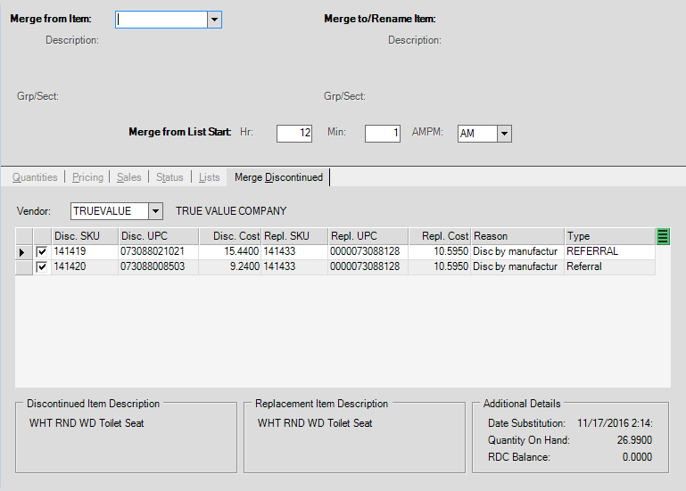 Main Menu > Inventory > Utilities > Maintenance > Merge/Rename Item, Merge Discontinued