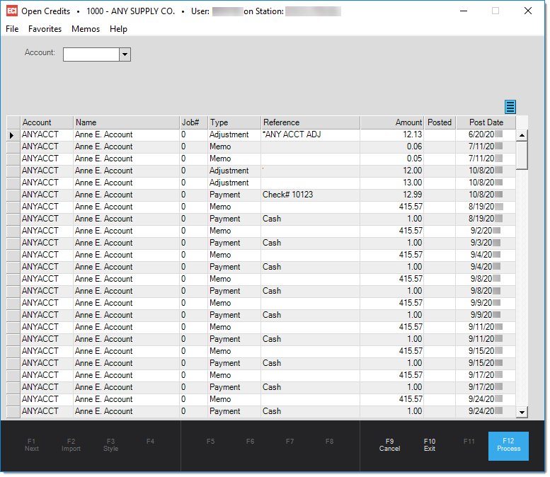 Main Menu > Receivables > Utilities > Open Credits