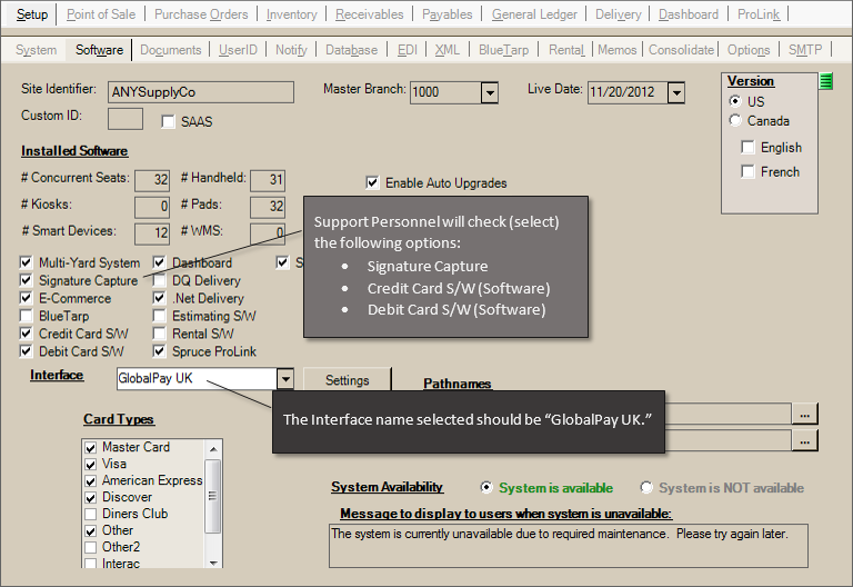 Mian Menu > Maintenance > Database > Parameters, Setup, Software (Tabs)