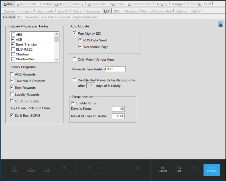 Main Menu > Maintenance > Database > Parameters, Setup, EDI, General