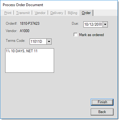 Process Order Document: Order Tab