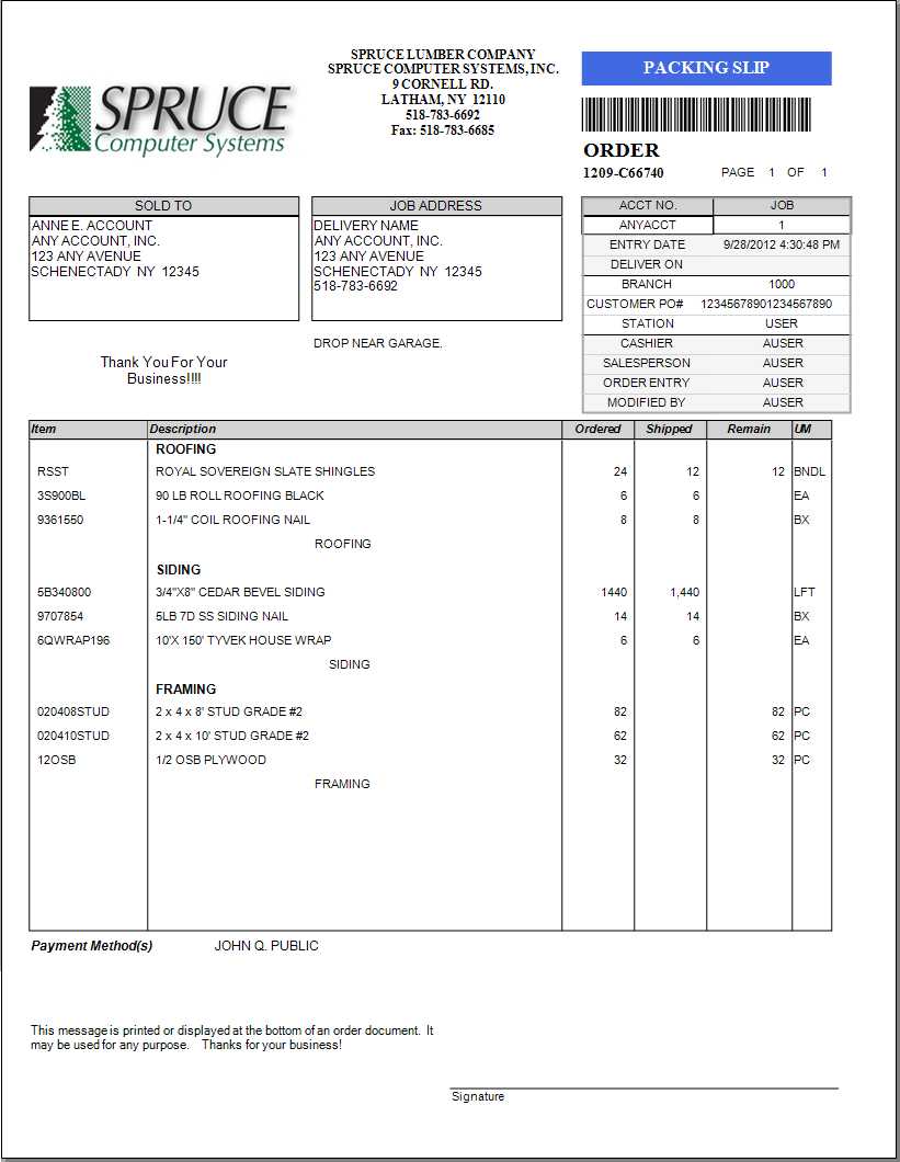 Customer Order Packing Slip Style