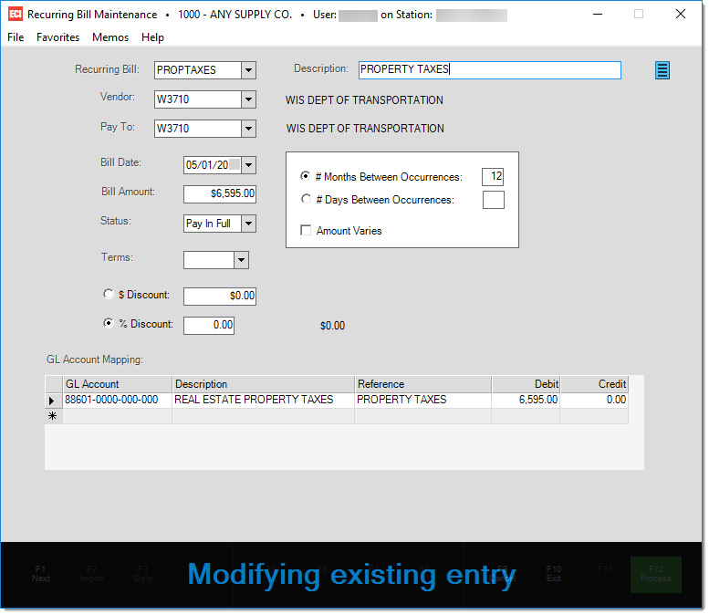 Main Menu > Payables > Database > Recurring Bill Maintenance