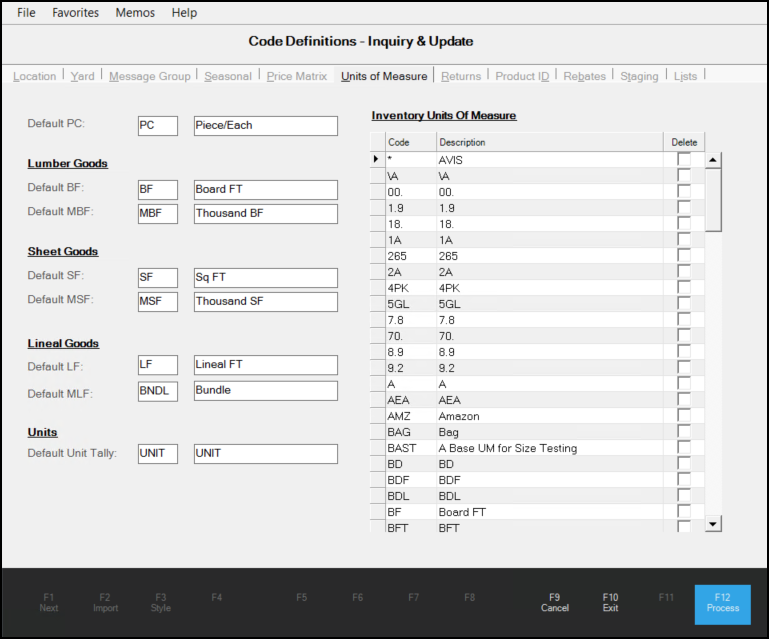 Main Menu > Inventory > Database > Code Definitions
