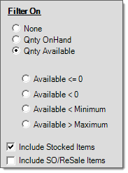 Main Menu > Inventory > Reports > Stock Status, Filters