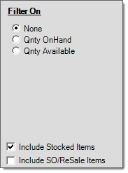 Main Menu > Inventory > Reports > Stock Status, Filters