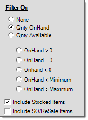 Main Menu > Inventory > Reports > Stock Status, Filters