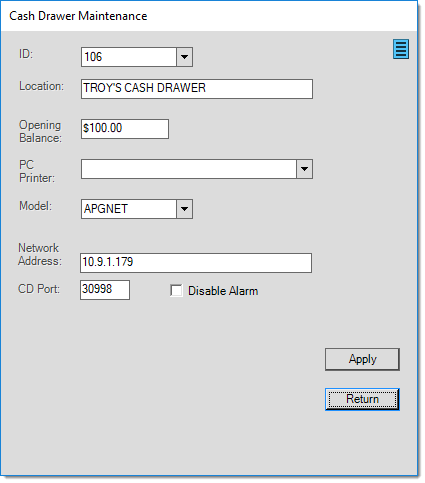 Main Menu > Maintenance > Database > Devices, Station, Cash Drawer Maintenance (Icon)