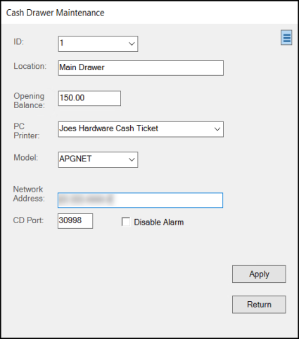 Main Menu > Maintenance > Database > Devices, Station, Cash Drawer Maintenance (Icon)