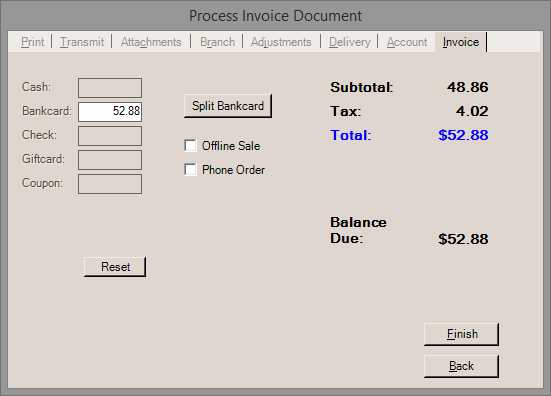 Main Menu > Point of Sale > Sales, Process (F12), Invoice Tab, Bankcard Payment with Global Payments enabled.