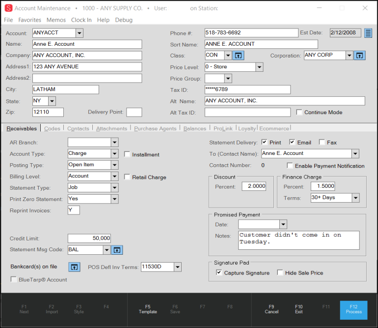 Main Menu > Point of Sale or Receivables > Database > Account