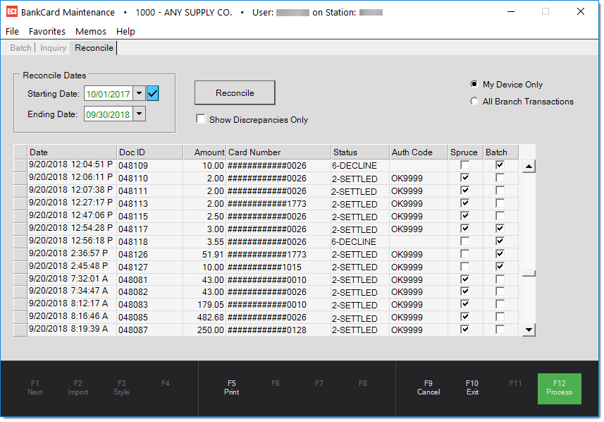 Main Menu > Maintenance > Utilities > Bankcard Maintenance, Reconcile