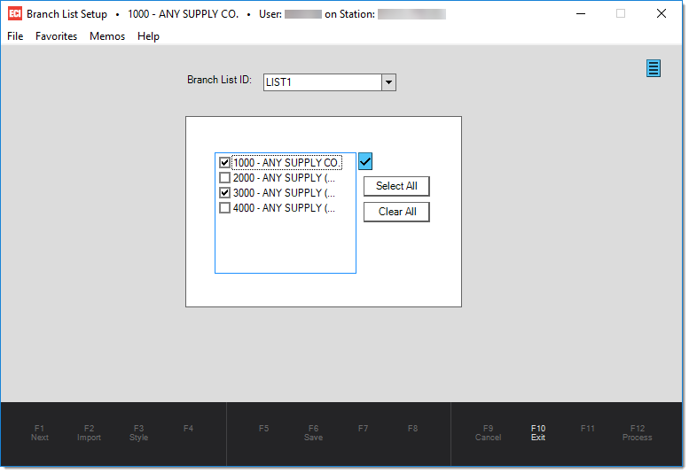 Main Menu > Maintenance > Database > Branch Lists