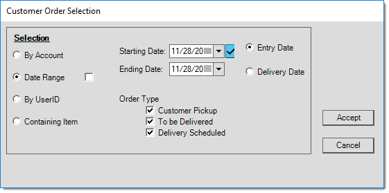 Customer Order Selection: Date Range