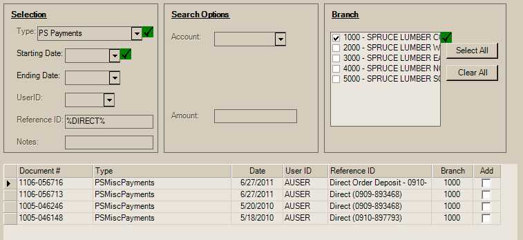 Document Selection for Direct Ship Order Deposits