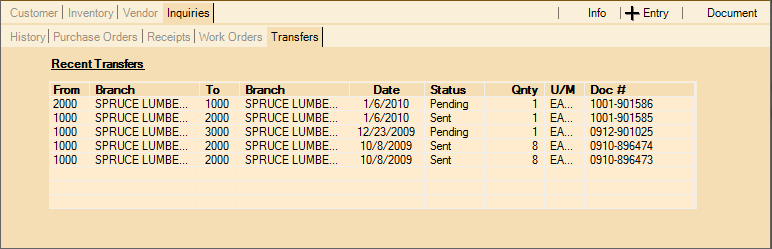 Point of Sale Folders: Inquiries, Transfers Tab