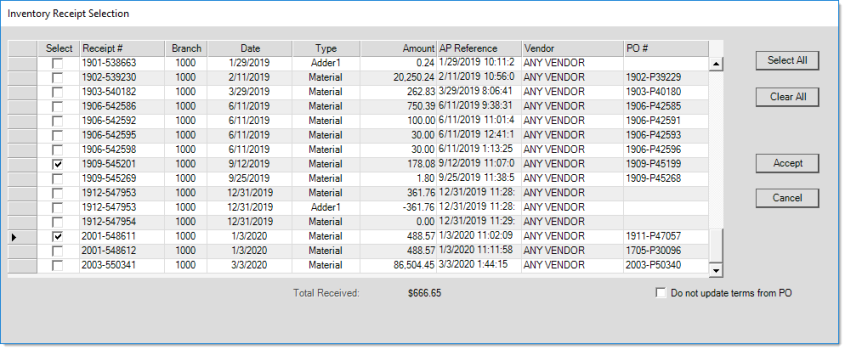 Main Menu > Payables > Billing Entry, Receipts (F5)