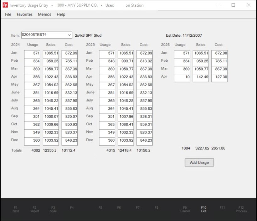 Main Menu > Maintenance > Utilities > Inventory Usage Entry