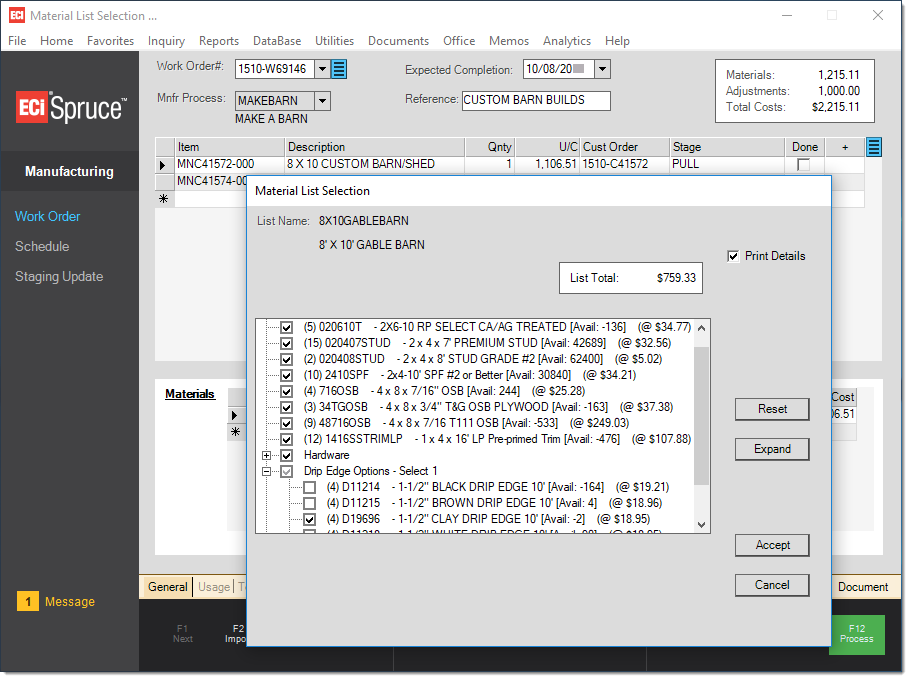 Manufacturing: Material List Selections