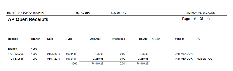 Main Menu > Payables > Reports > Open Receipts