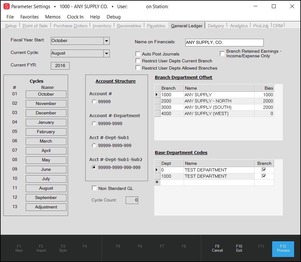 Main Menu > Maintenance > Database > Parameters, General Ledger