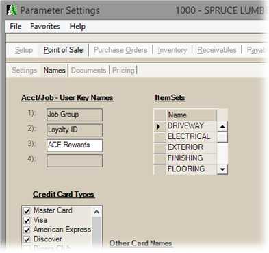Main Menu > Maintenance > Database > Parameters, Point of Sale (Tab), Names (Tab)