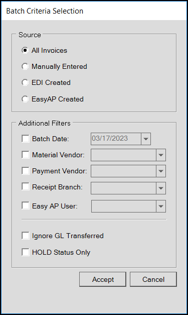 Main Menu > Payables > Utilities > Process AP Batch