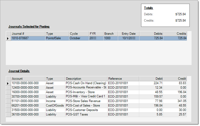 Main Menu > General Ledger > Post Journals, Details (F5)