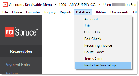 Main Menu > Receivables > Database > Rent to Own Setup