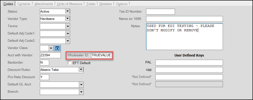 Main Menu > Purchasing > Database > Vendor