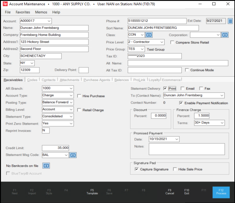 Main Menu > Point of Sale or Receivables > Database > Account