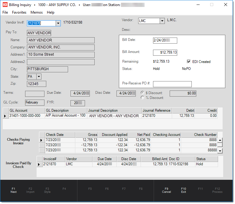 Main Menu > Payables > Inquiry > Billing