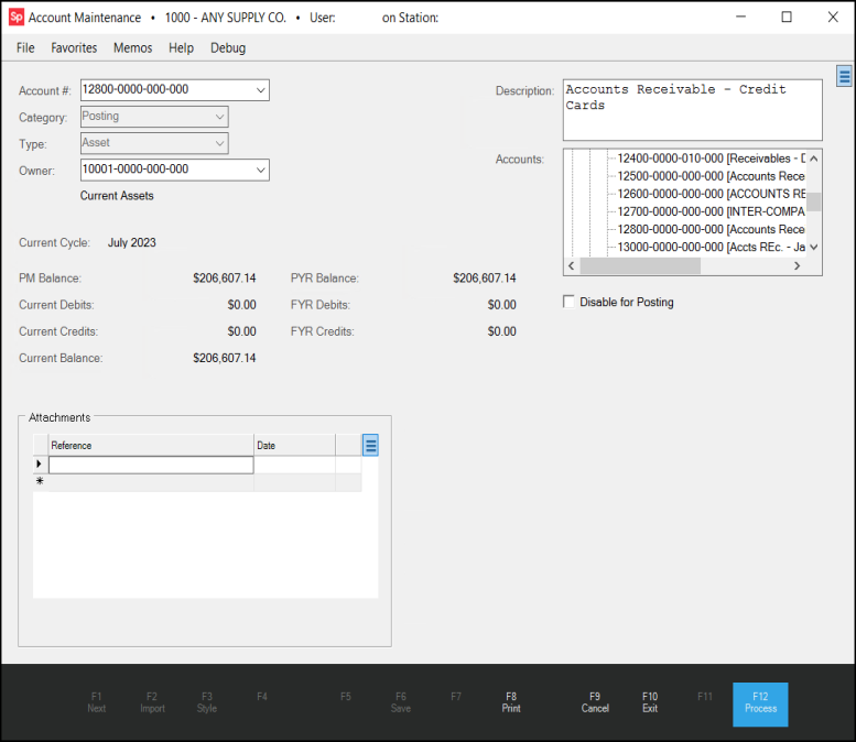 Main Menu > General Ledger > Database > Chart of Accounts