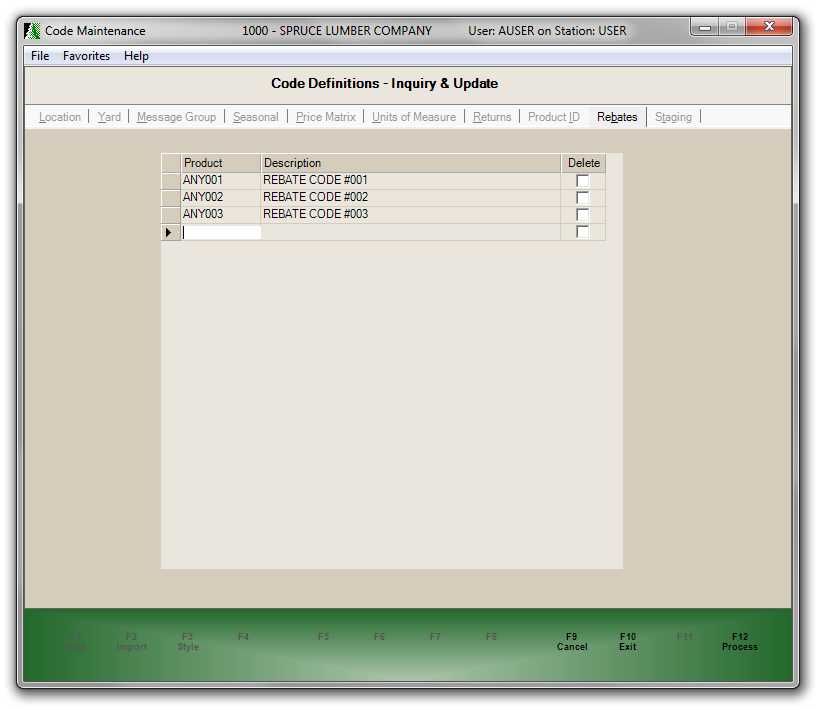 Main Menu > Inventory > Database > Code Definitions > Rebates {TAB}