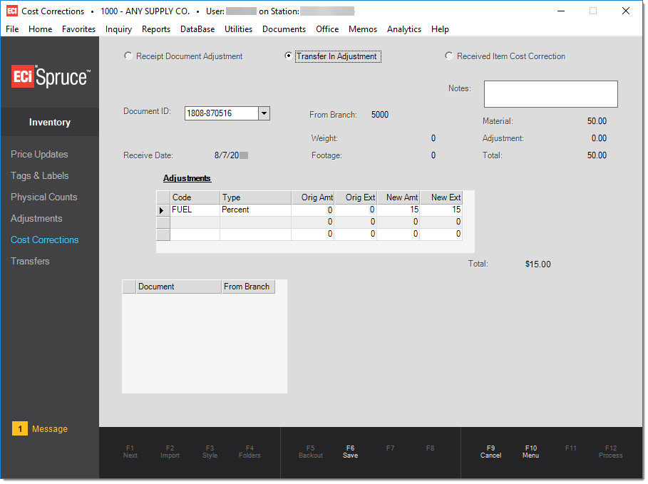 Main Menu > Inventory > Cost Corrections > Transfer In Adjustment {Radio Button}