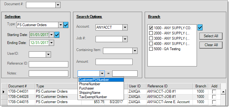 Search Options: PS Customer Orders