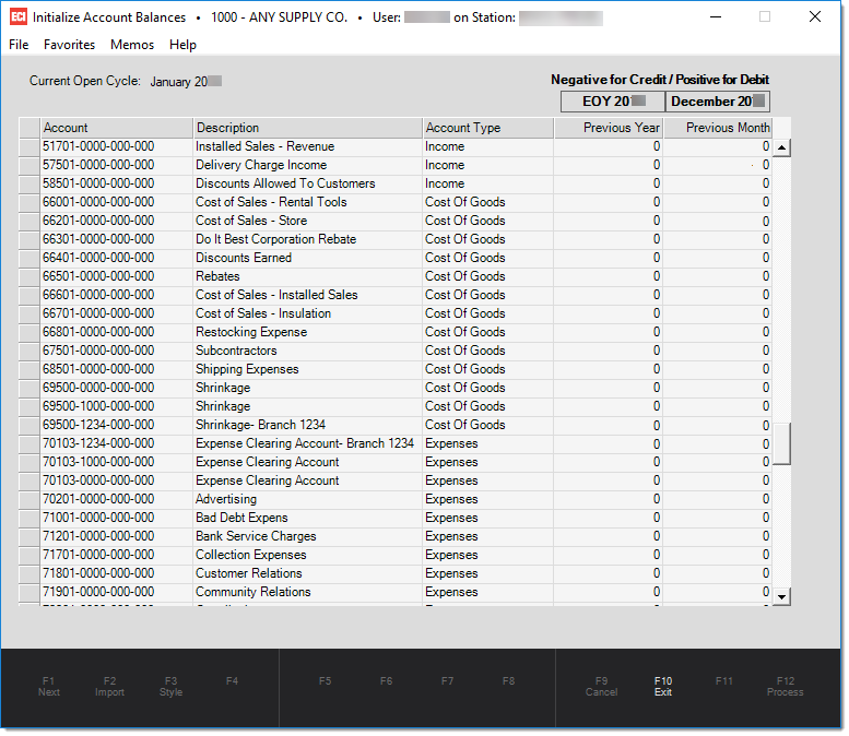 Main Menu > General Ledger > Initialize Balances