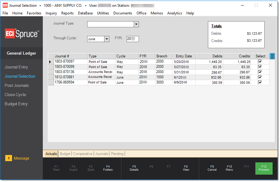 Main Menu > General Ledger > Journal Selection