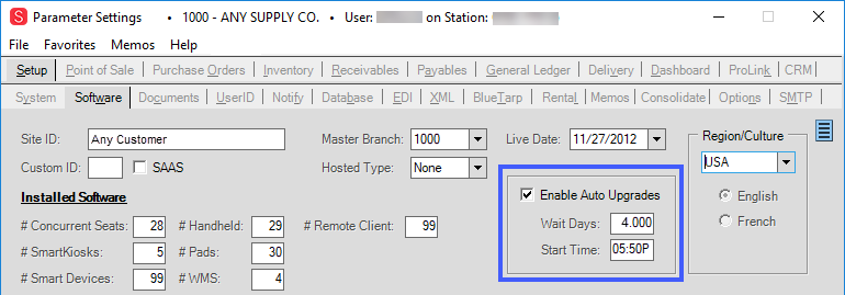 Main Menu > Maintenance > Database > Parameters, Setup and Software Tab