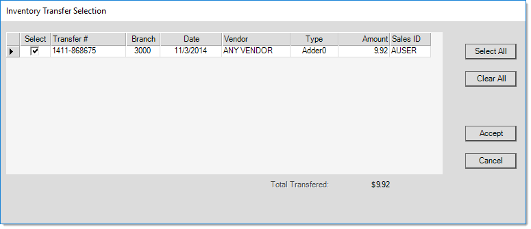 Main Menu > Payables > Billing Entry, Transfers (F8)