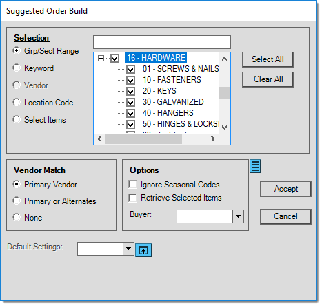 Main Menu > Purchasing > Order Entry, Build (F7)