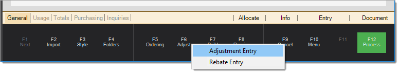 Main Menu > Purchasing > Order Entry or Receipts > Adjust (F6)